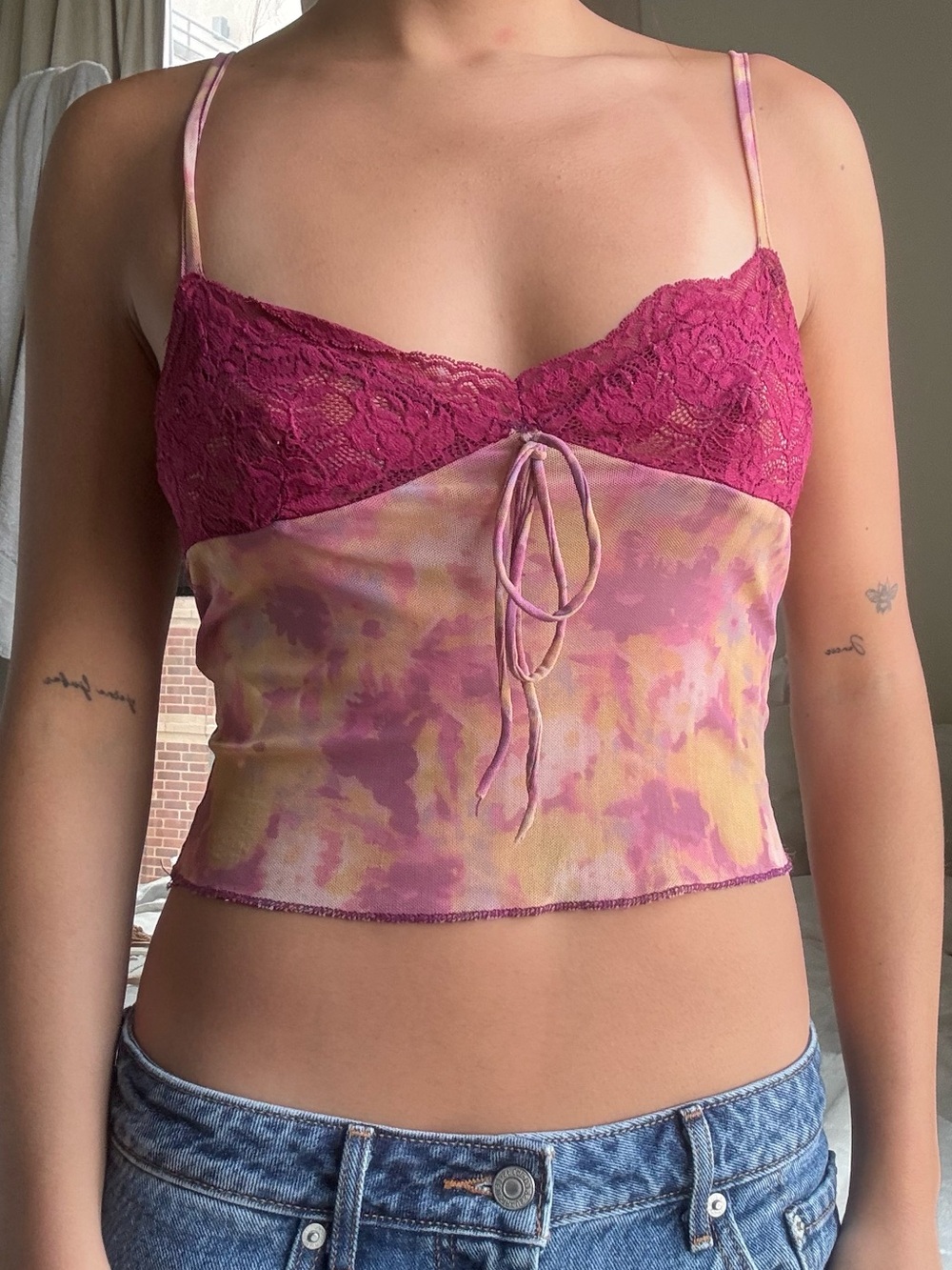 Urban Outfitters Magenta Lace & Pink-Yellow Tie-Dye Crop Cami